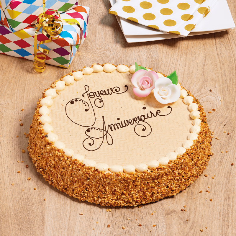 Gateau personnalisé avec inscription - chocolat, vanille ou noisette - pâtisserie La Romainville